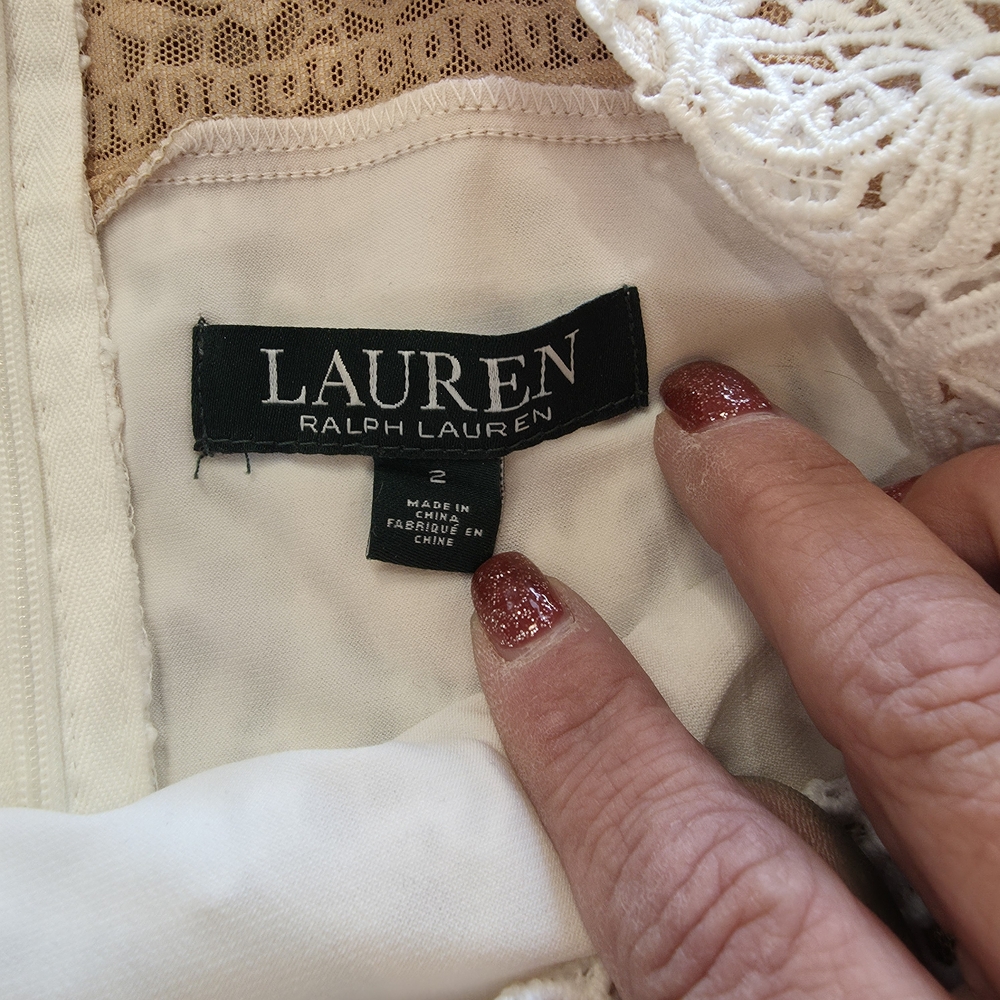 Lauren Ralph Lauren white lace tan underlay top bell-sleeve sheath dress Size 2 - Picture 2 of 13